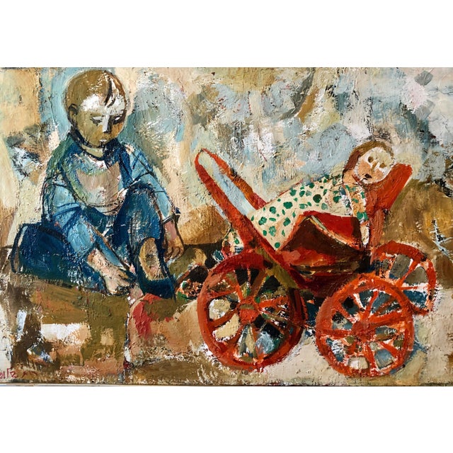Textile Ruth Schloss, Israeli Oil Painting Ruth Schloss Child, Doll, Wagon, Kibbutz Social Realist Art, c.1950s For Sale - Image 7 of 8