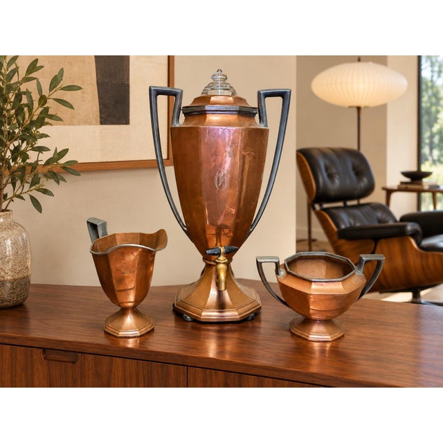 1930s Beautiful Art Deco Copper Percolator, Creamer and Sugar Set For Sale - Image 12 of 12