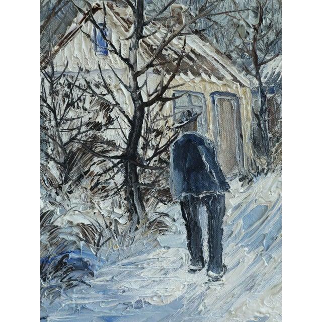 Mid-Century Modern 'Winter Lane' Vintage Swedish Expressive Village Street Scene Oil Painting, Framed For Sale - Image 9 of 11
