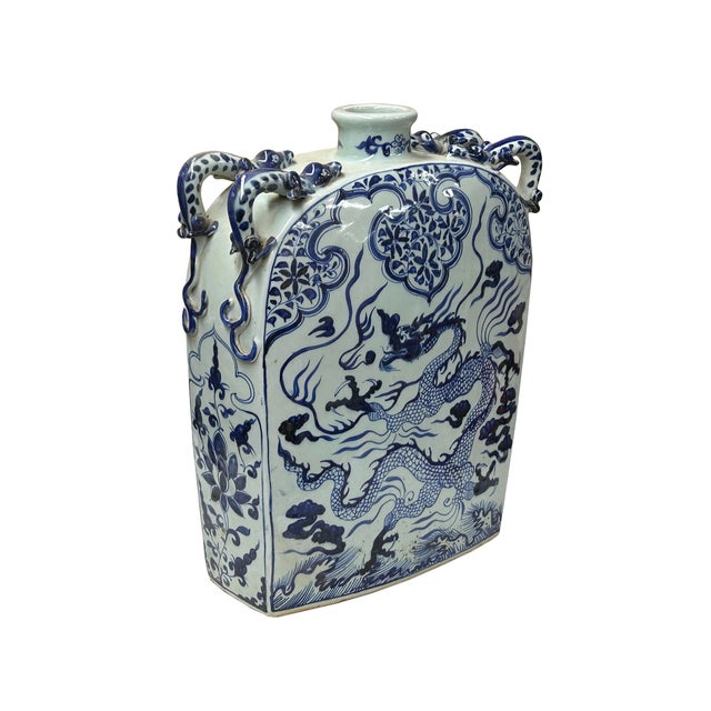 1990s Chinese Blue White Porcelain Dragon Scroll Pattern Square Flat Vase For Sale - Image 5 of 8