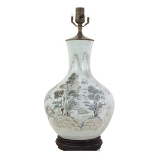 Antique Chinese Porcelain Landscape Vase Lamp Hand Painted Mountain and Pavilion Motif For Sale