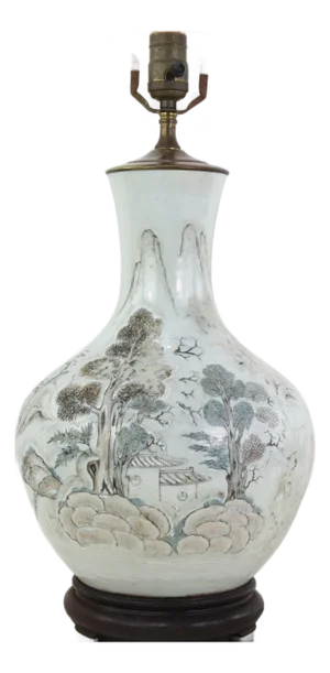 Antique Chinese Porcelain Landscape Vase Lamp Hand Painted Mountain and Pavilion Motif
