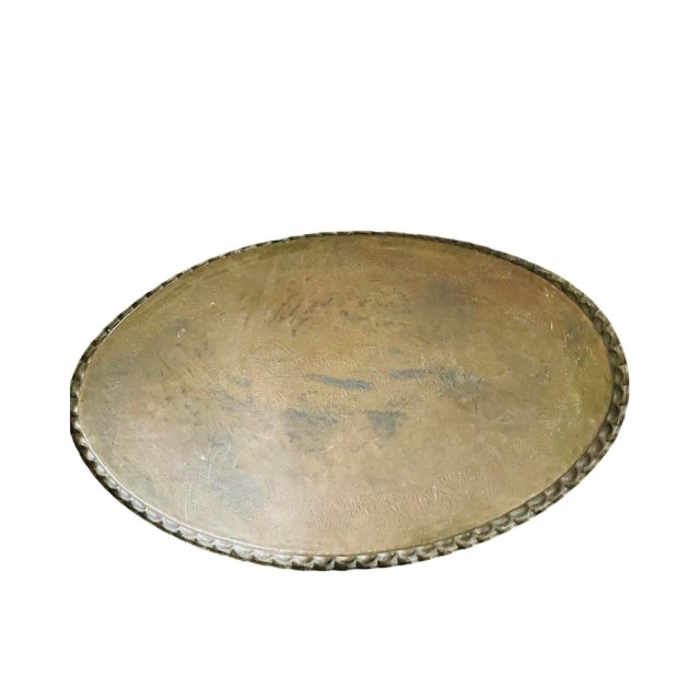 56” Large Oval Etched Brass Hammered Tray With Scalloped Edge For Sale - Image 9 of 12