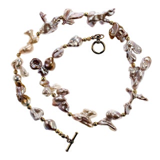 Choker of Silvery Pearls Golden Accents For Sale