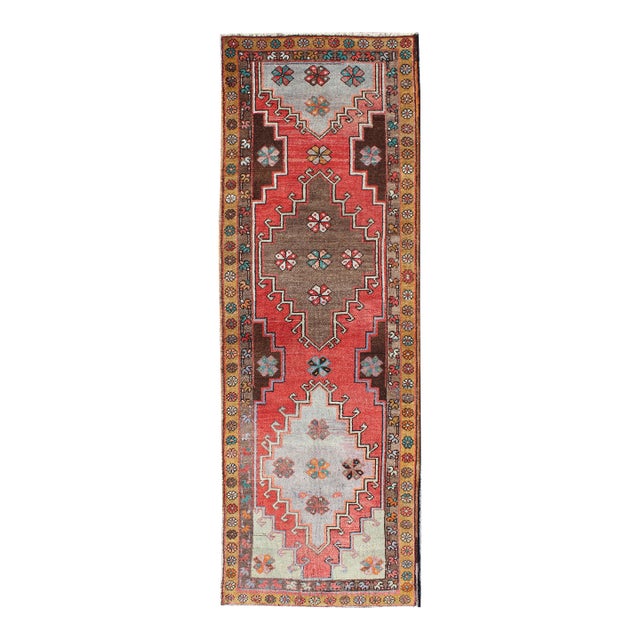 Vintage Turkish Oushak Runner With Sub-Geometric Tribal Medallions in Brown, Red For Sale