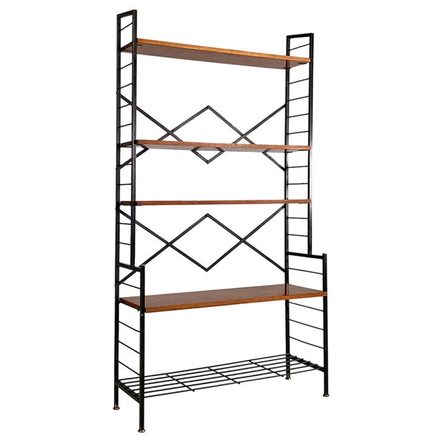 Mid-Century Modern Italian Self-Supporting Metal, Wood and Brass String Bookcase, 1960 For Sale