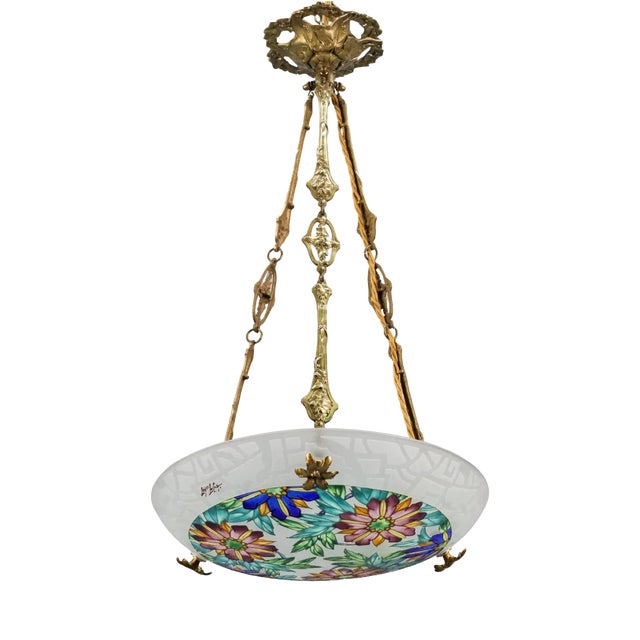 Art Deco Pendant Light in Polychrome Enameled Glass from Loys Lucha, 1930s For Sale