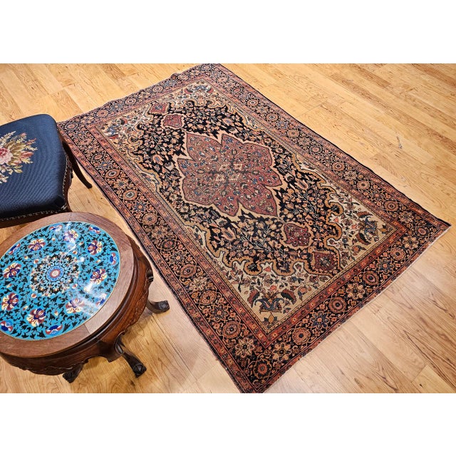 19th Century Persian Farahan Sarouk Rug, Hand-Knotted Wool, Floral Pattern, Navy & Plum Red, 4x6 For Sale - Image 9 of 18