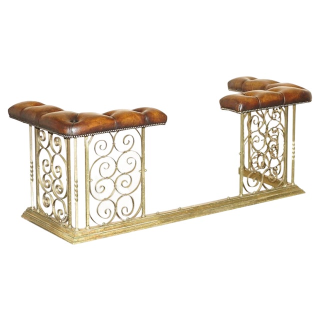 Antique Club Fender with Brown Leather Chesterfield Seats For Sale