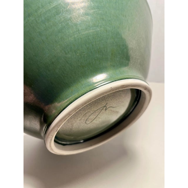 Vintage Studio Pottery Large Centerpiece Decorative Porcelain Green Bowl Signed For Sale - Image 4 of 7