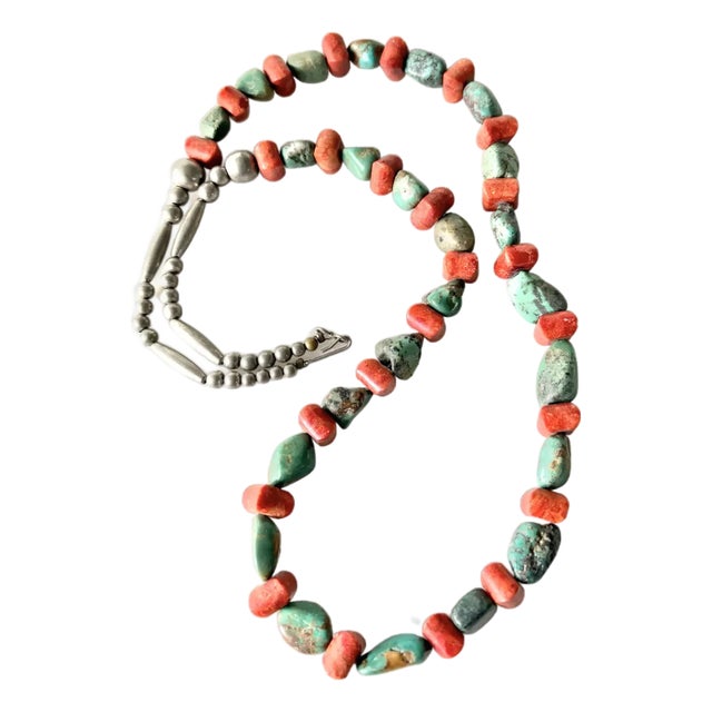 Vintage Native American Turquoise and Coral Beaded Necklace With Sterling Silver Clasp For Sale