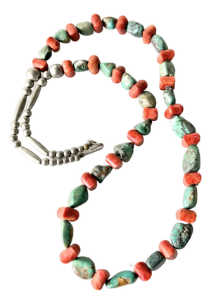 Vintage Native American Turquoise and Coral Beaded Necklace With Sterling Silver Clasp