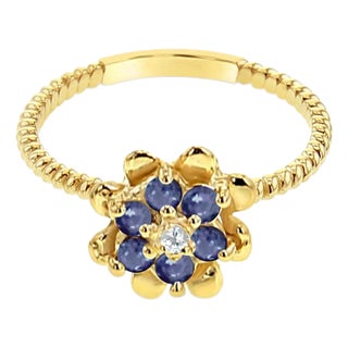 Sapphire Tulip Flower Ring 14k Yellow Gold, Size 4 For Sale