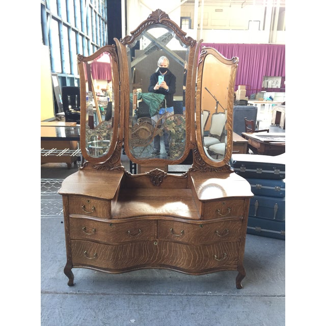 Antique Tiger Oak Dresser With TriFold Mirror Chairish