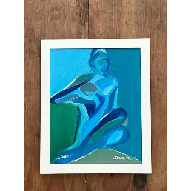 Mid-Century Modern Vintage Figurative Blue Acrylic Oil in Canvas For Sale - Image 3 of 12