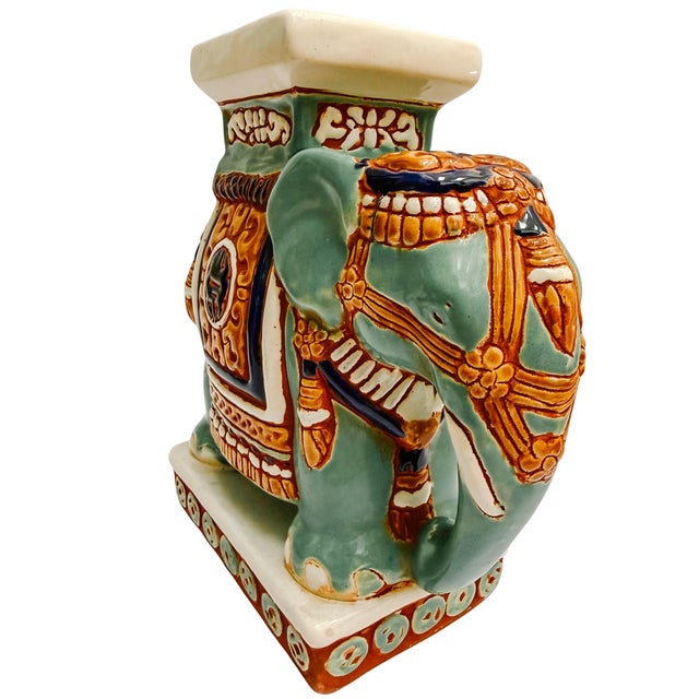 Vintage Chinoiserie Celadon & Ochre Ceramic Elephant Glazed Plant Stands / Bookends For Sale - Image 4 of 10