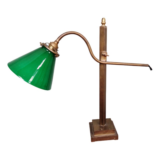 Conical Desk Lamp in Bronze and Green Opaline Glass, 1920s For Sale