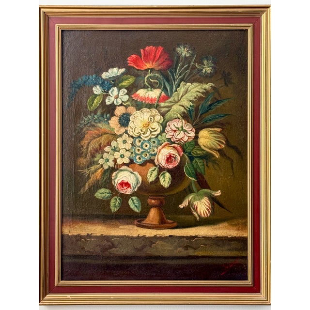 Sculptural petals and serpentine stems overflow their vessel in this moody antique oil on canvas. A European floral still...