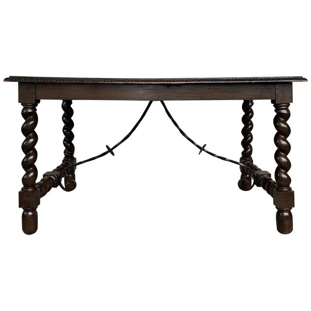 19th Spanish Baroque Walnut Solomonic Leg Fratino Dining Table With Iron Stretcher For Sale - Image 12 of 12