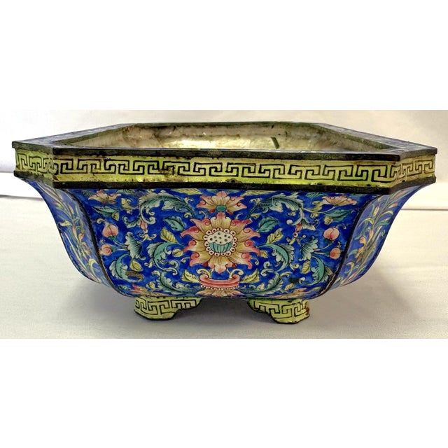 Blue 18th Century Chinese Canton Enamel Jardiniere Bonsai Container With Exquisite Decorations For Sale - Image 8 of 18