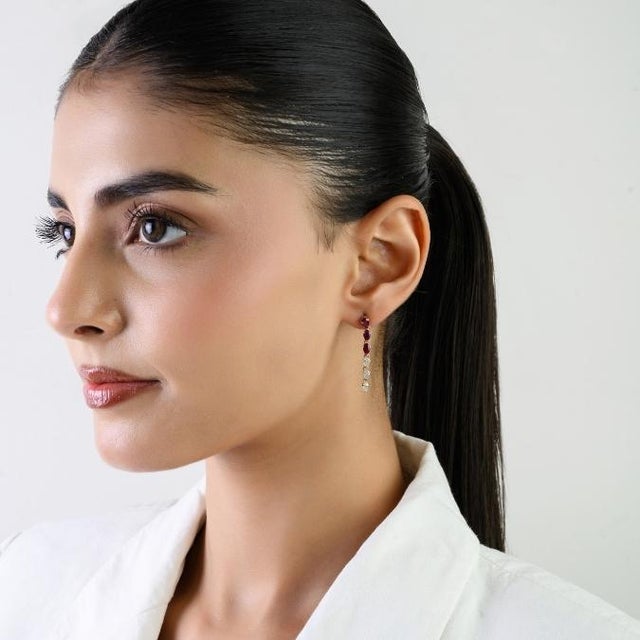 Late 20th Century 1.32 Ct Pear Shape Red Ruby & Diamond Drop Earrings in 14k Gold- A Pair For Sale In New York - Image 6 of 14