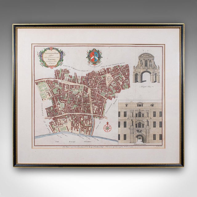 This is an antique London street map. An English, framed and hand-coloured map showing the ward of Farringdon, dating to...