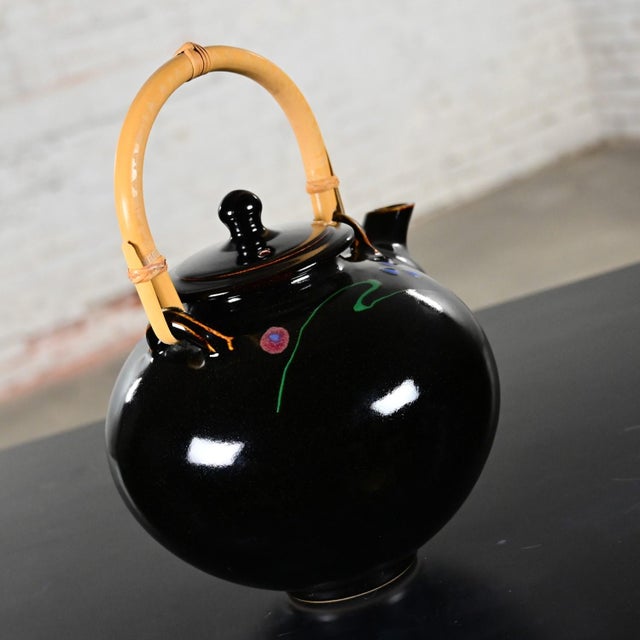 Late 20th Century Late 20th Century Contemporary Asian Dark Brown Glazed Ceramic Teapot With Wrapped Rattan Handle For Sale - Image 5 of 12