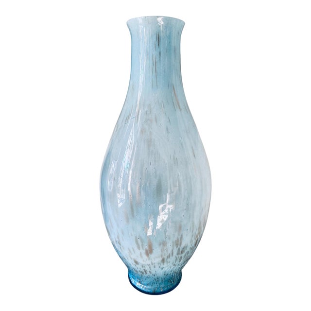 Vintage 1970s–1980s Italian Murano-Style Art Glass Vase, 21.25" Tall Blue With Gold & Silver Flecks For Sale