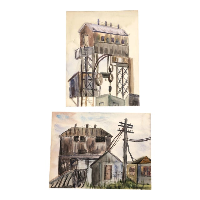 Gallery Wall Collection Vintage Industrial Watercolor Paintings - a Pair For Sale