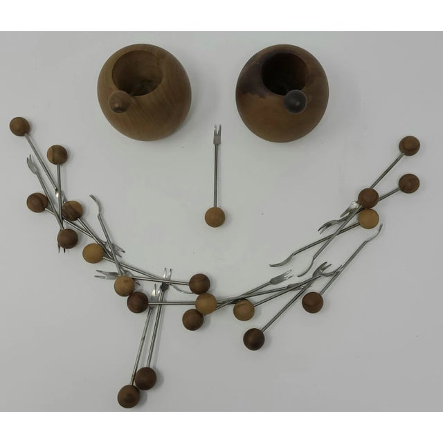 Vintage Olive Wood Appetizer/Cocktail Forks and Round Holders - Made in Spain - a Pair For Sale - Image 13 of 13