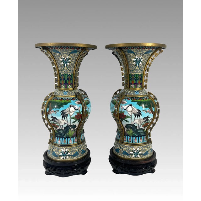 Jingfa Chinese Jingfa Blue & Gold 'Dragon Back' Cloisonne Beaker Form Vases With Auspicious Cranes & Lotus - A Pair on Wood Stands For Sale - Image 4 of 12