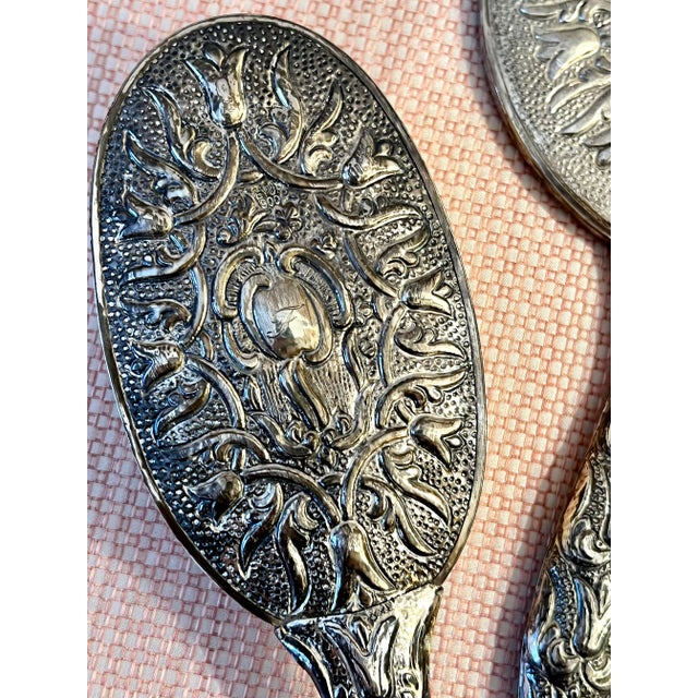 Vintage Silver-Plate Vanity Set With Comb, Brush and Mirror - 3 Piece Set For Sale - Image 12 of 13