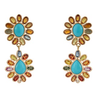 21.07 Carats Turquoise Diamond Floral Drop Earrings With Rainbow Sapphires in 14k Gold- A Pair For Sale