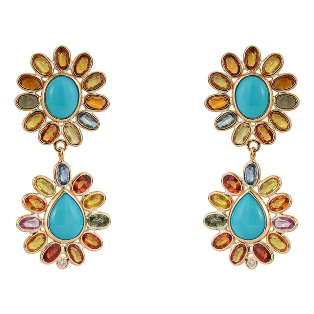 21.07 Carats Turquoise Diamond Floral Drop Earrings With Rainbow Sapphires in 14k Gold- A Pair For Sale