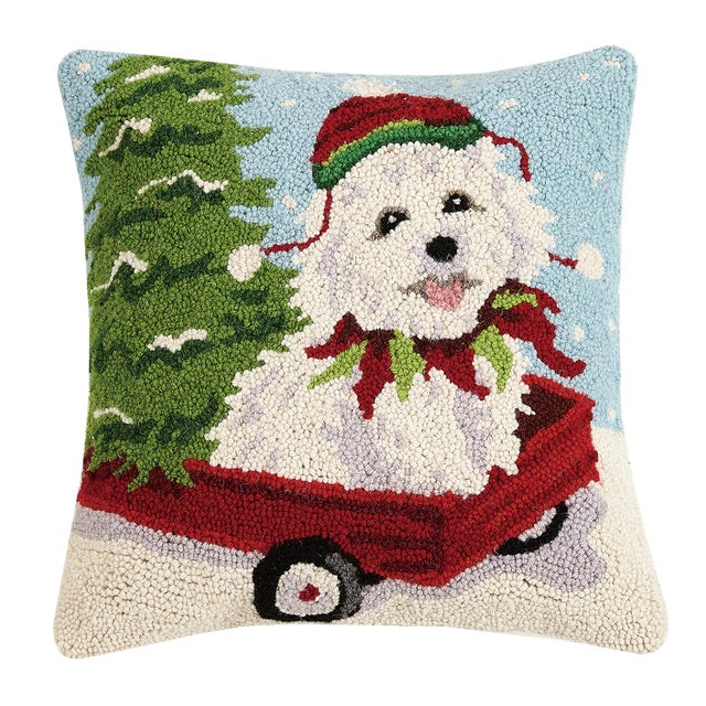 Traditional Holiday White Bichon Frise Hook Pillow 16" x 16" For Sale - Image 3 of 3