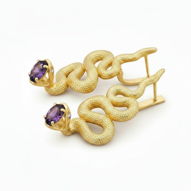Massive snake earrings. Massive Snake earrings with amethysts in opened mouth. Snake silver earrings. Long snake earring....