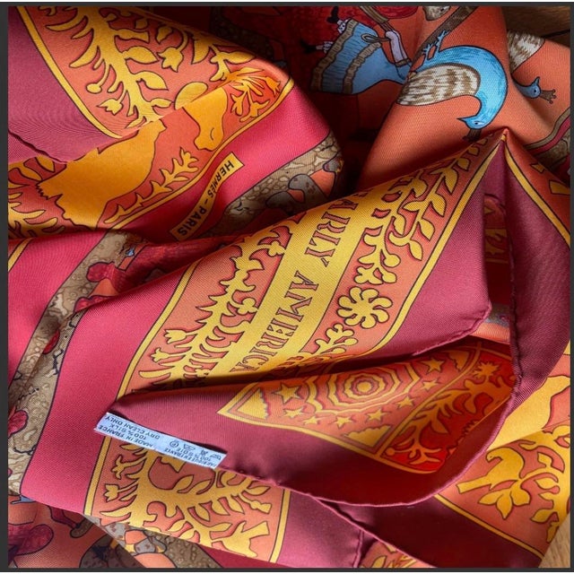 Hermès Silk scarf EARLY AMERICA by Françoise de la Perrière. 1984 The designer was inspired by American folk arts such as...