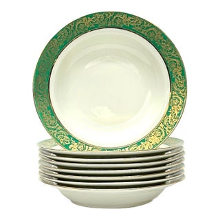 Kelly Green & 22 Karat Gold Embellished Porcelain Soup Bowls - Set of 8 For Sale