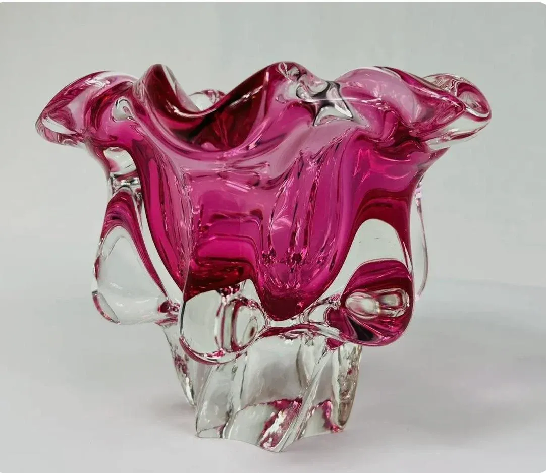 アート・デザイン・音楽 Czechoslovakian Glass 1350-1980 Mid Century Art Glass Bowl Czechoslovakia Pink Heavy Hand Blown