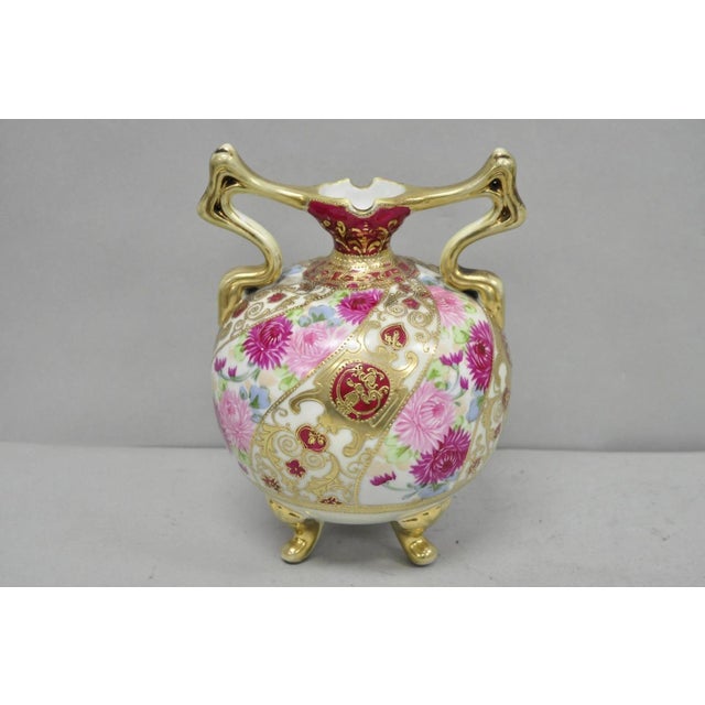 Antique Nippon Moriage Porcelain Twin Handle Ball Vase W/ Hand Painted Roses For Sale - Image 14 of 14