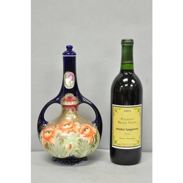 Antique Royal Nippon Nishiki Twin Handled Hand Painted Porcelain Cobalt Blue & Gold Vase w/ Floral Design and Stopper....