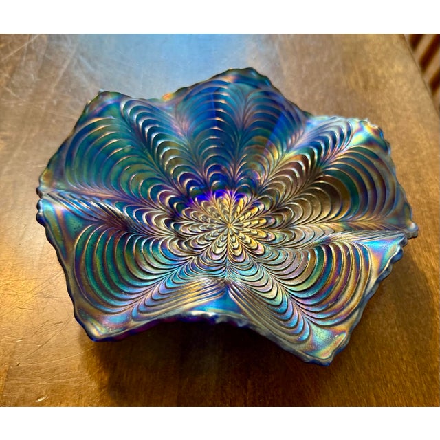 1910s Fenton Peacock Tail Blue Ruffled Dish For Sale - Image 12 of 12