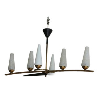 Art Deco Opaline and Brass Chandelier, 1950s For Sale