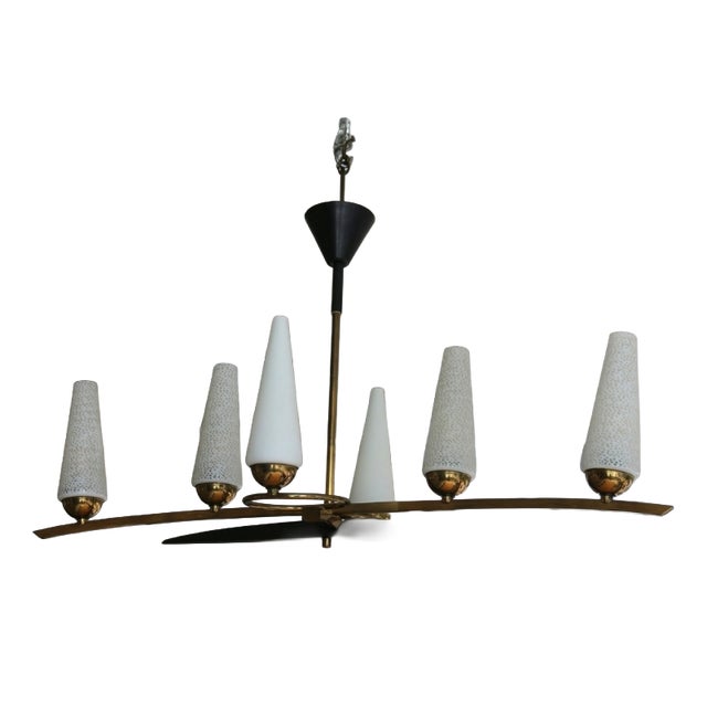 Art Deco Opaline and Brass Chandelier, 1950s For Sale