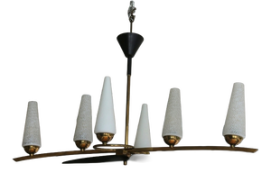 Art Deco Opaline and Brass Chandelier, 1950s