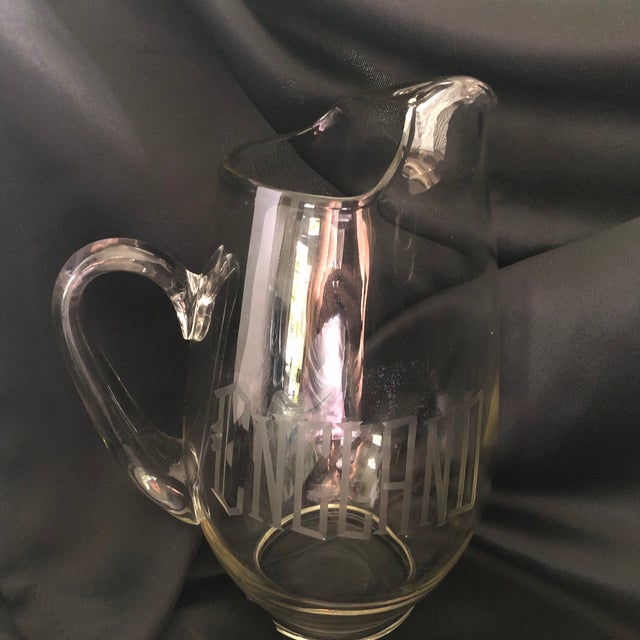 Vintage Large Engraved Glass Pitcher “England” For Sale - Image 6 of 12