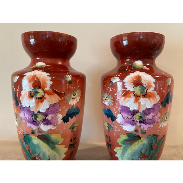 Pair of large English Bristol glass hand painted milk glass vases with book end floral patterns. 12-3/4" H X 6-1/2"...