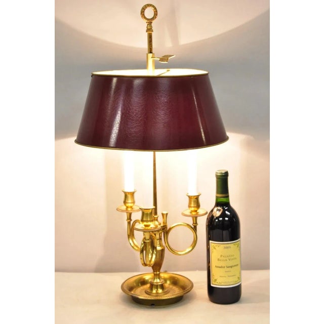 Vintage French Country Empire Brass Trumpet Arm Red Tole Shade Bouillotte Desk Lamp. Item features a distress painted...