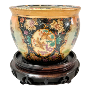Vintage Chinese Famille Noire Style Porcelain Cachepot With Wood Stand