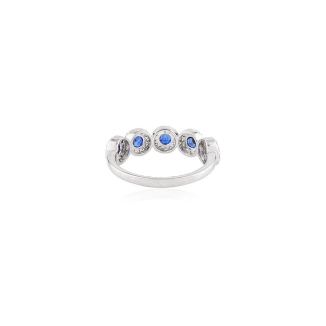 Metal 5 Round Cut Blue Sapphire Halo Diamond Ring Size 6.5 For Sale - Image 7 of 11